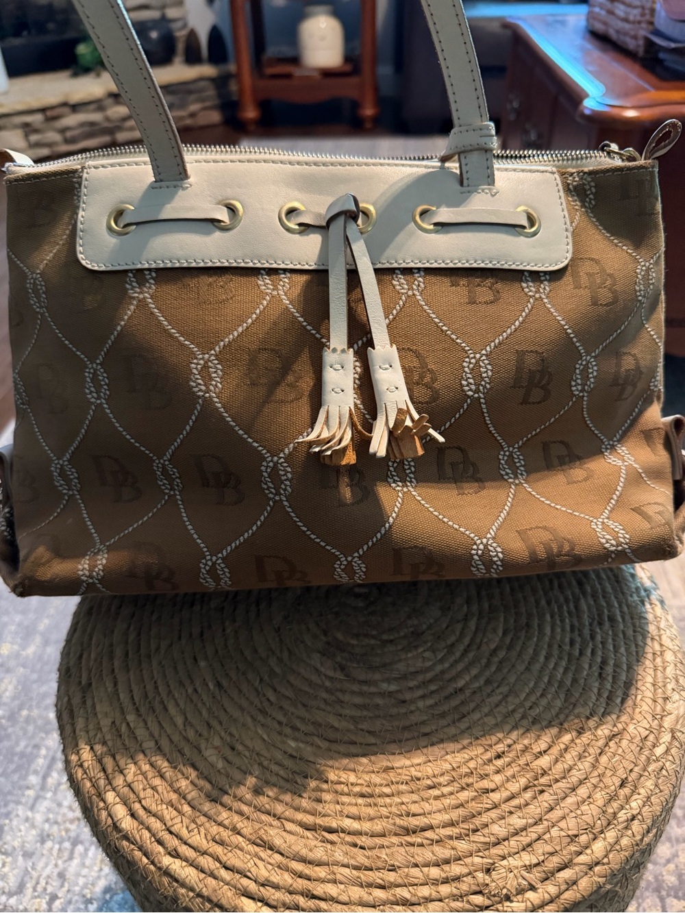 DB Pattern Tassel Shoulder Bag in Brown and Cream